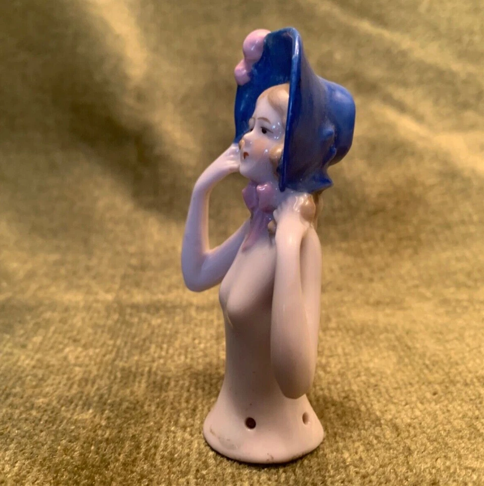 Original Art Deco Porcelain Pin Cushion Half Doll Nude Blonde Lady Blue Bonnet - Image 2 of 4