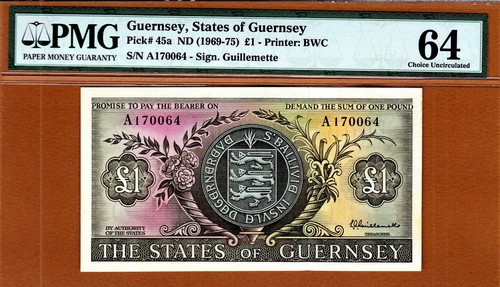 Guernsey One Pound 1969-75 Pick-45a Guillemette Ch UNC PMG 64 - 第 1/2 張圖片