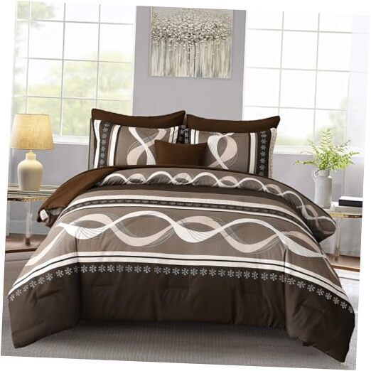 Comforter Set Size, 8 Pieces Bed in a Bag Patchwork Striped Queen Brown