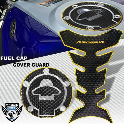 CHROME GOLD&BLACK PRO GRIP FUEL TANK PAD+GAS CAP COVER GUARD 14-23 YZF R3/ MT-03 - Picture 2 of 10