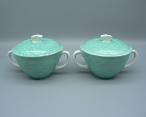 POOLE POTTERY PAIR SHAGREEN CONSOMMÉ CUPS COVERS STANDS 1930’S LIDDED SOUP BOWLS - Picture 4 of 22