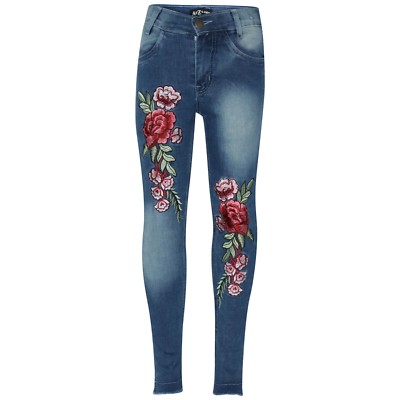 Kids Girls Stretchy Designer Jeans Denim Pants Rose Embroidered Trousers Jegging