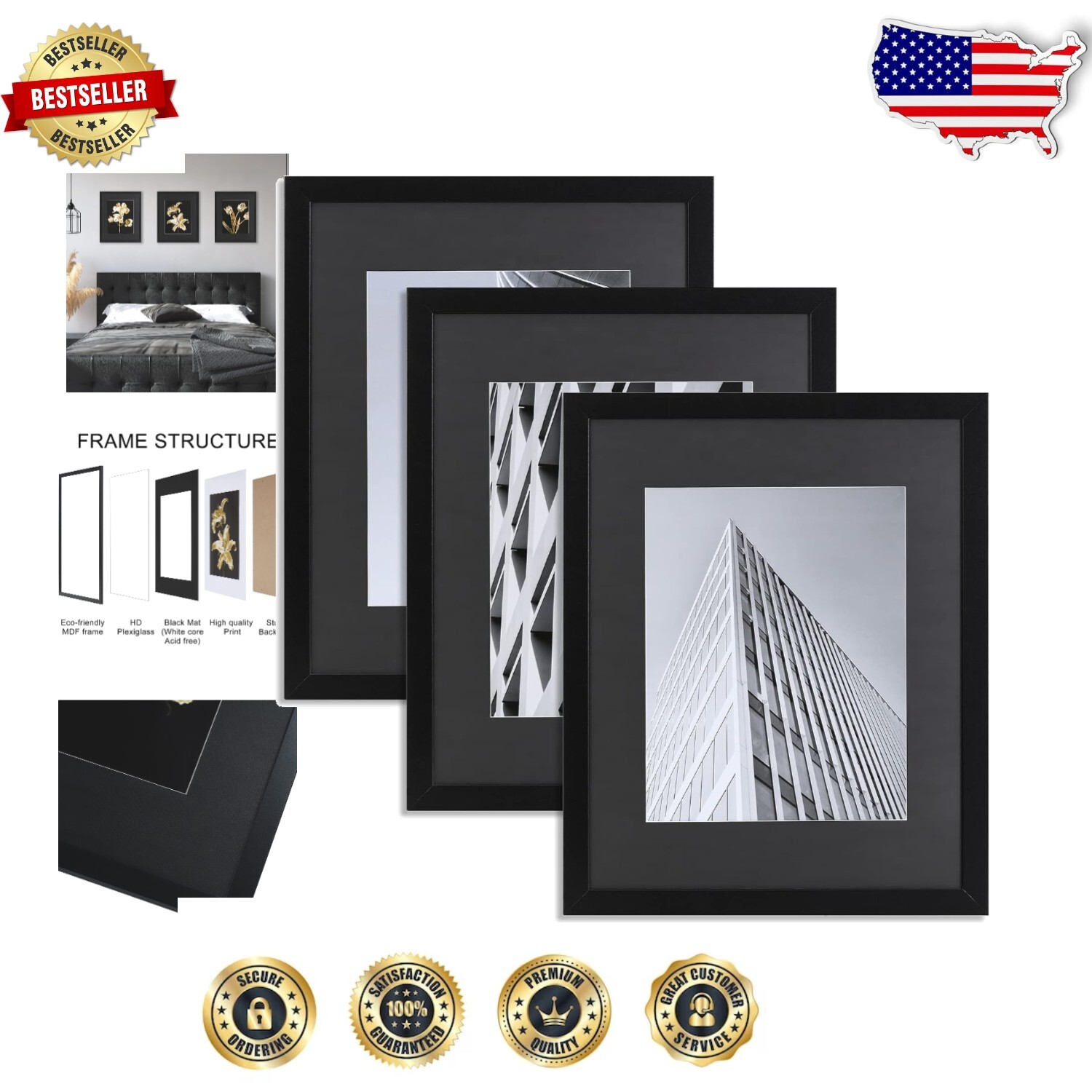 Set of 3 Modern 16x20 Picture Frames with Mats for 11x14 Photos - Matte Black