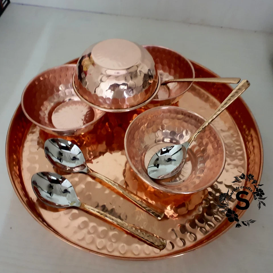 Pure Copper Thali With 4 Serving copper Bowls and 4 Spoon Dinnerware Gifts Sets - Image 2 of 4