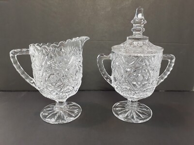 Elegant Vintage Cut Glass Creamer and Sugar Bowl Set with Lid 5''-7'' Footed 225