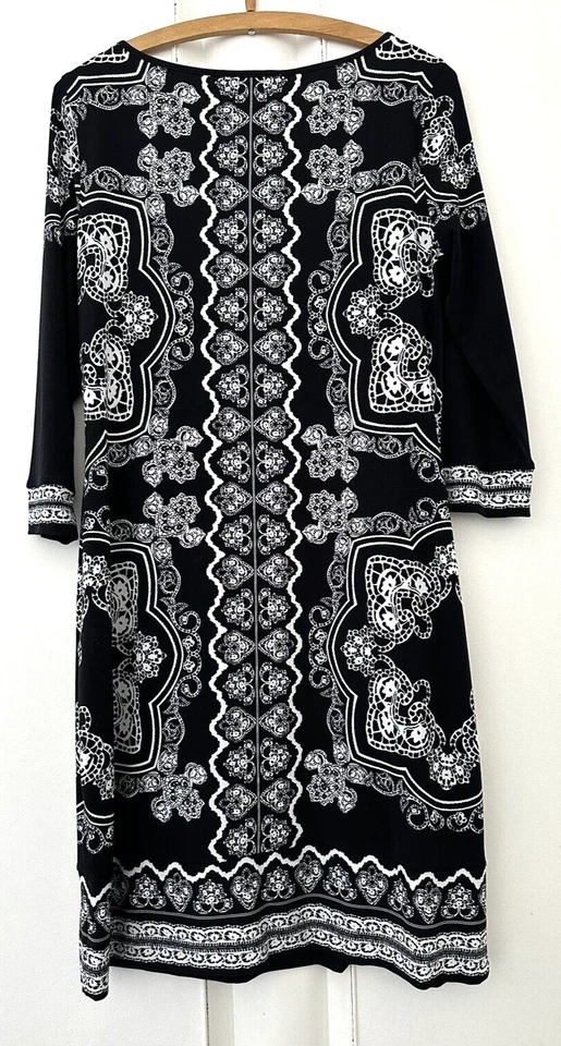 LINEA.  BLACK PRINT STRETCH JERSEY DRESS. 3/4 SLEEVES.  SIZE 12 - Image 3 of 3