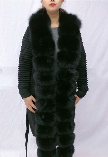 Women's Long Knitted Cardigan Real Fur Knitted Cardigan Eco Natural Fur Coat - Picture 12 of 34