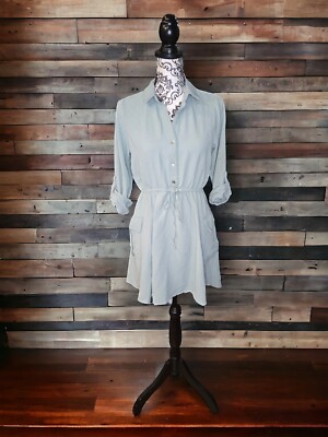 No Comment Collared Drawstring Waist Button Up Casual Dress Size L in Mint