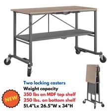 Folding Workbench Work Table w/ Wheels Bottom Shelf Storage for Workshop Garage