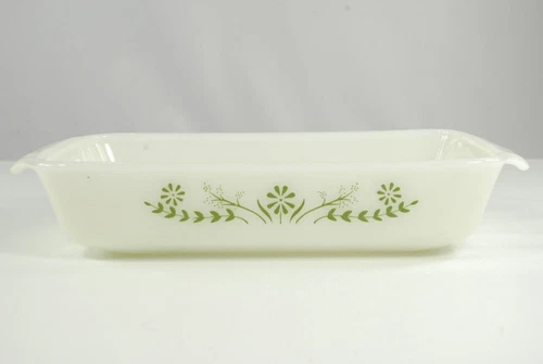 Glasbake Milk Glass Casserole Dish Green Daisy Flower Rectangular #427