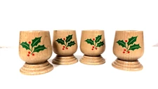 Vintage Wooden Holly Christmas Candle Stick Holders Taper Turned Set of 4 MCM