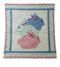 Vintage Handmade Quilted Baby Quilt 3 bunnies pink blues alphabet toy rings