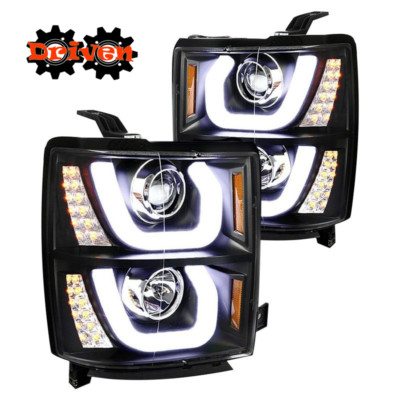 14-15 CHEVY SILVERADO 1500 DUAL U DRL LED TURN SIGNAL BLACK PROJECTOR HEADLIGHT