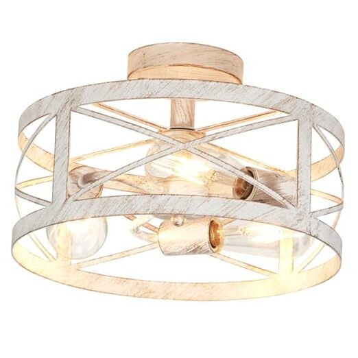 Rustic White & Gold 13-Inch Round 3-Light Semi-Flush Ceiling Fixture
