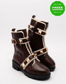 RRP€1350 VALENTINO GARAVANI Leather Ankle Boots US8 UK5 EU38 Rockstuds Faux Fur