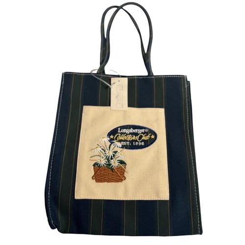 VTG Longaberger Collectors Club Tote Bag Blue Green Striped Floral Embroidered