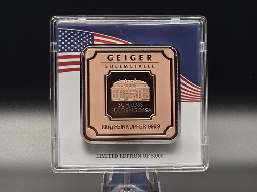 Geiger Edelmetalle 100g Copper Square Bar .9999 Fine in USA Flag Assay Card Ltd