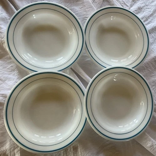 VTG PYREX Tableware By Corning (4)  Blue Double Band Soup/Pasta Bowls