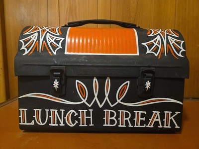 Hot Rod Painted Orange&White Pinstripe Vintage Black Metal Lunch Break Box 7x10''