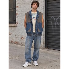 Two Tone Denim Graphic Tee Vest Blue Gray Reworked Streetwear Patchwork