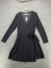 LOFT Dress Womens S Black Wrap Dress Long Sleeve V-Neck Tie Belted Knee Length