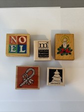 5 Piece Set of Rubber Stamps Christmas Themed Wood Mounted Stamp Set
