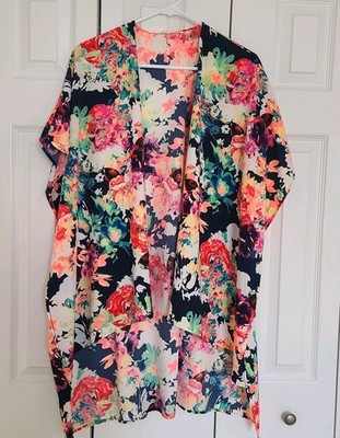 12PM by Mon Ami Neon Pink/Navy Floral Kimono Cover Up Pink Lily Sz Small Bright