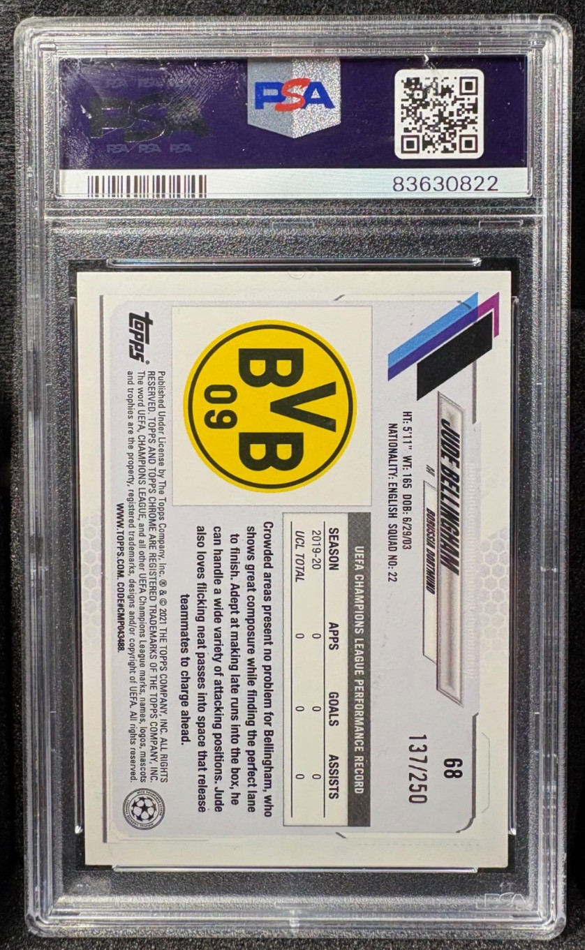 2020 Topps Chrome UCL Purple Refractor /250 #68 Jude Bellingham ROOKIE PSA 8 view 2