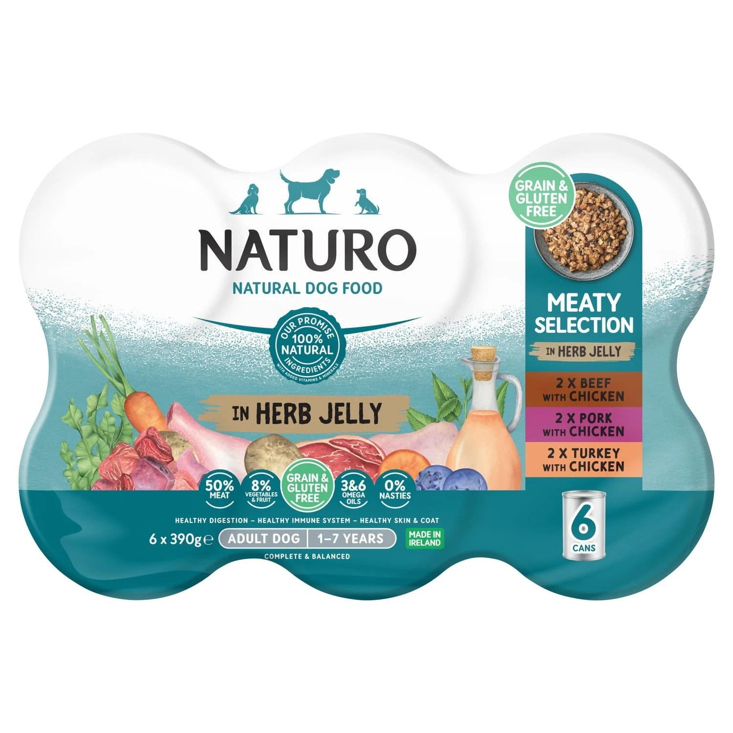 Naturo Natural Dog Food Meaty Selection In Herb Jelly Adult Dog1-7 Years 6 x390g