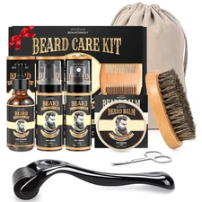 Beard Growth Kit, Grooming Set w/Growth Oil, Conditioner, Balm, Shampoo... 