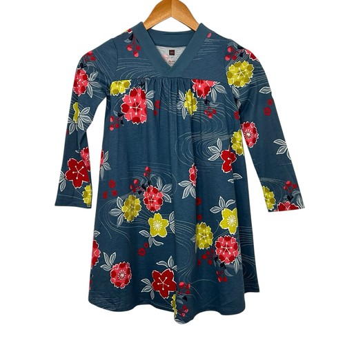 Tea Collection Girls Japan Riko Trapeze Floral Dress Sz 7 Blue V Neck Cotton