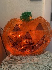 VIntage 15” Halloween Spun Spaghetti Pumpkin Jack-O-Lantern Orange Lights