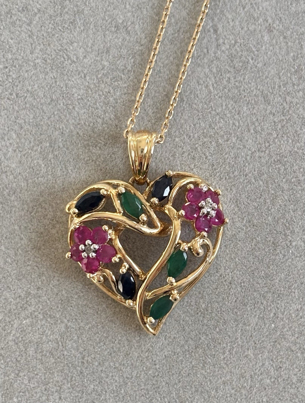 10K Solid Gold Real Ruby Emerald Sapphire Heart S… - image 1