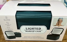 Dark Green Faux Leather Makeup Case w/ Removable LED Mirror, USB-C, Divider
