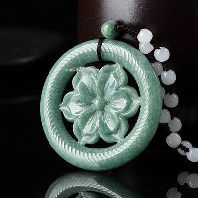 Natural A Grade Jade Women Men Bean Green Hollow Circle Flower Jadeite Pendant