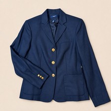 Linen Navy Classic Gold Button Blazer 8 Womens Office Professional Business