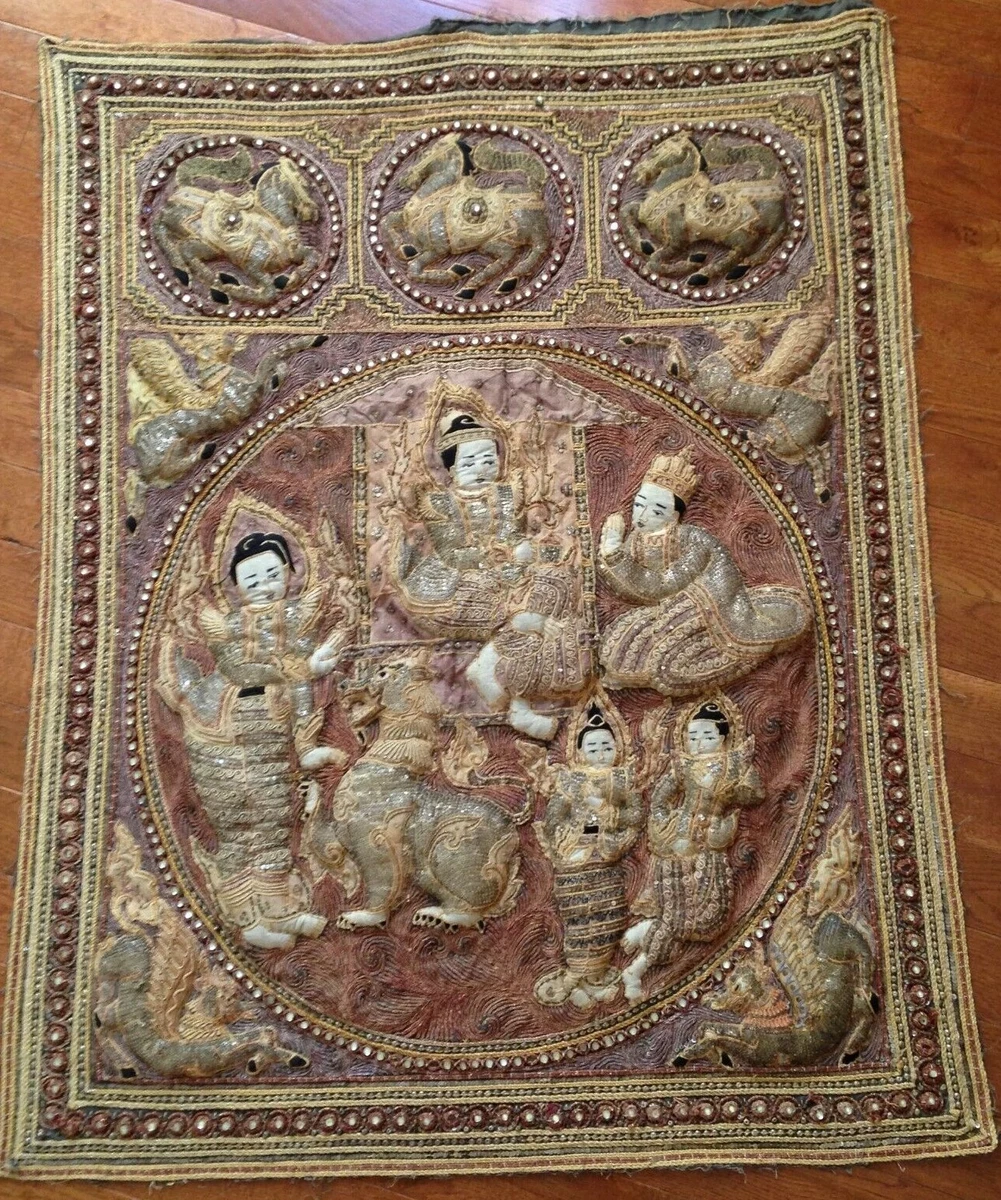 Hand Embroidered Kalaga Tapestry 35x44 Inch Dragons Horses Royal Family