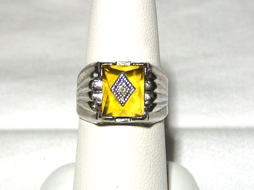 ...Vintage Men's Sterling Silver, Center Diamond Golden Sapphire Ring, Size 7...