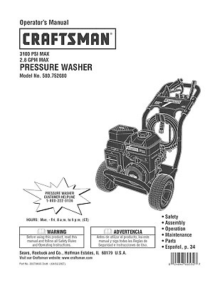 #ad #ad Owners Manual amp; Parts List Craftsman 3100 PSI Pressure Washer Model 580.752080 $19.95