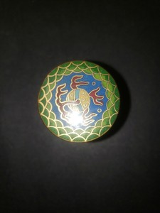 Old Antique Chinese Cloisonne Round Box with Dragon /BLUE TOP