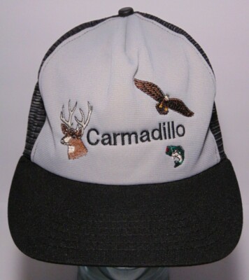 Vtg 1980s CARMADILLO DEER EAGLE FISHING HUNTING SNAPBACK TRUCKER HAT MADE IN USA