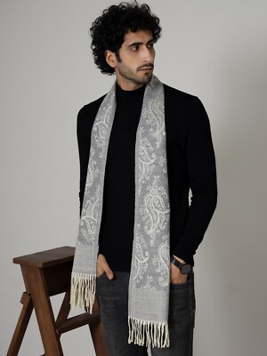 Winter Paisley Wool 100% CASHMERE India Made Paisley Gray Scarf