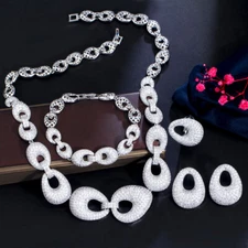 Bold White Gold Plated CZ Engagement Necklace Earring Bracelet Ring Jewelry Set