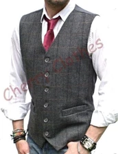 MENS WOOL BLEND TWEED GREY GRAY HERRINGBONE CHECK WAISTCOAT VEST GILET - S - 4XL