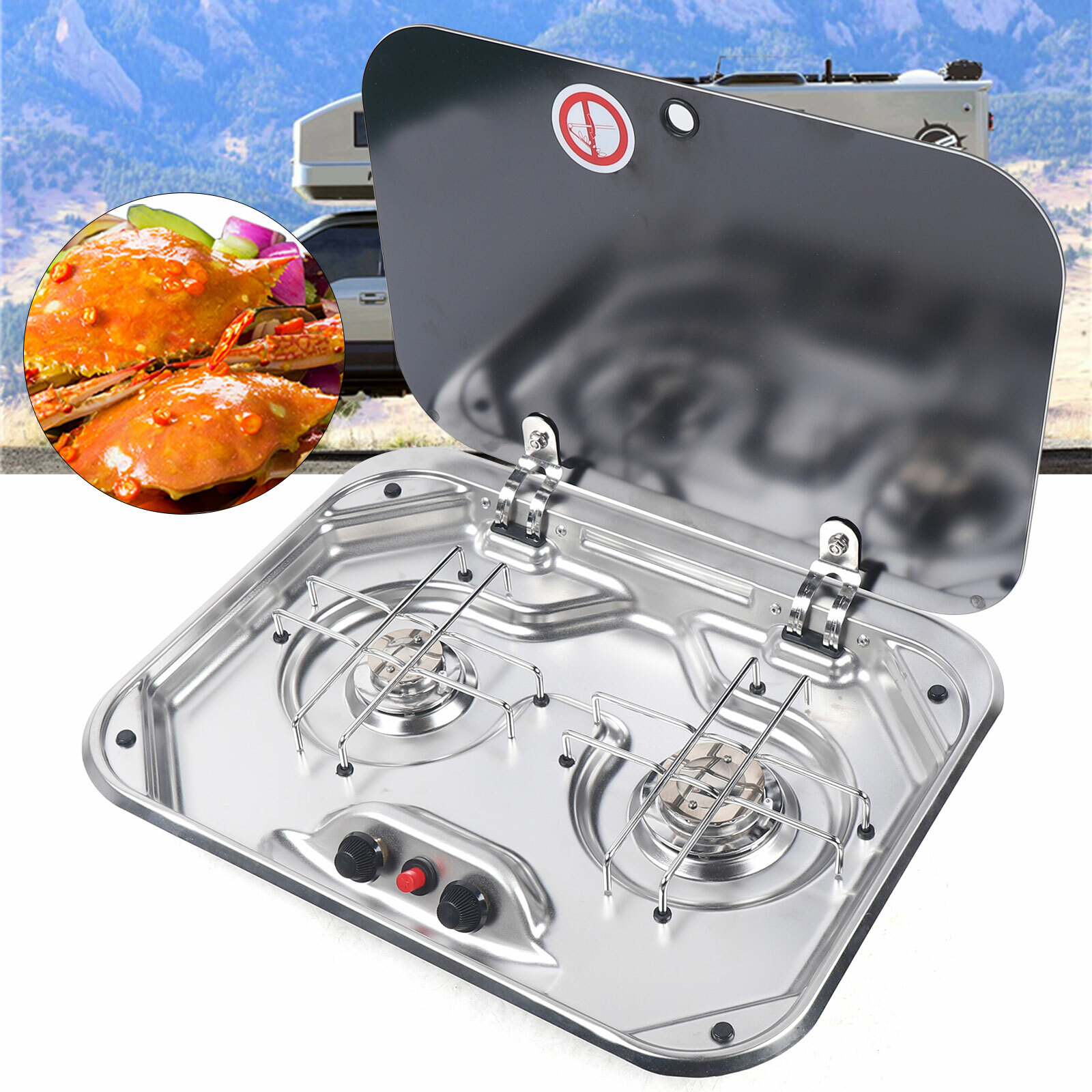 Barco caravana cámper acero inoxidable 2 quemadores estufa de gas con tapa de vidrio templado NUEVO