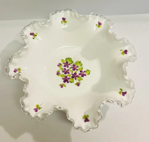 Vintage Fenton Violet In The Snow Silver Crest Hand Painted Milk Glass Bowl
