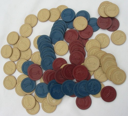 Vintage Clay Poker Chips 94 Golf Club Double Sided Borgogna Blu e Beige Old - Foto 3 di 4