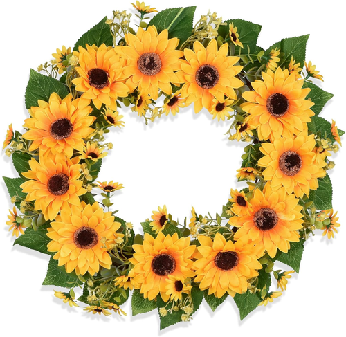 Artificial Sunflower Summer Wreath - 17 Inch Decorative Fake Flower Wreath with