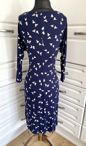 Phase Eight Dress UK 12 Navy Blue Flying Birds Print Pattern Stretch Tie Waist - Picture 7 of 12