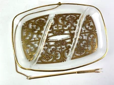Mid Century Modern Georges Briard Floral Divided Glass Tray Gold Trim w/Fork